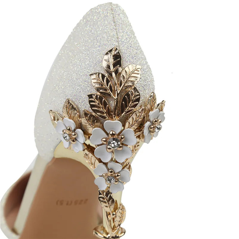 Summer womens 9.5cm high-heeled sandals with glitter and floral metal high heels green pump stripe wedding shoes 241213