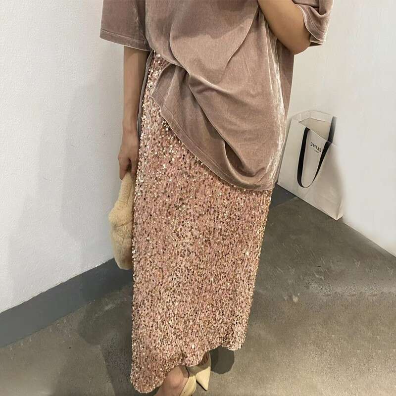 European American New Fashionable High Slimming Sequin Half For Women With Elastic Waist And Straight Tube Long Skirt