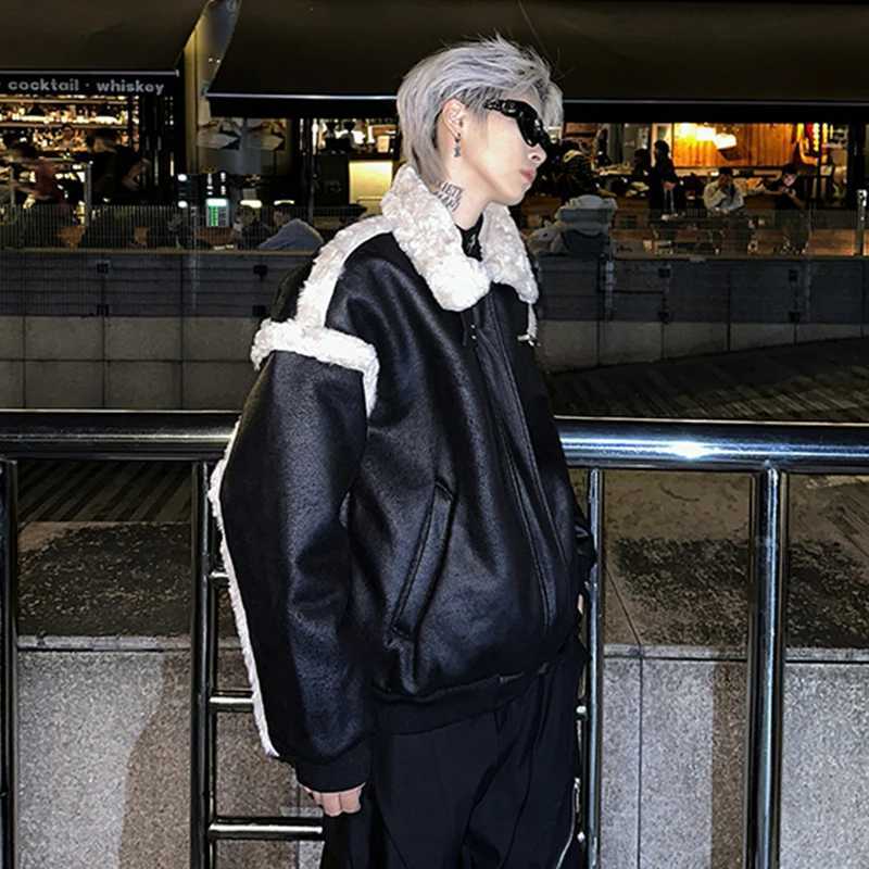 IEFB High Street Mens Jacket PU Leather Cashmere Patch Work Collar Thick Loose Street Clothing Mens Coat New 9C8333 W241213