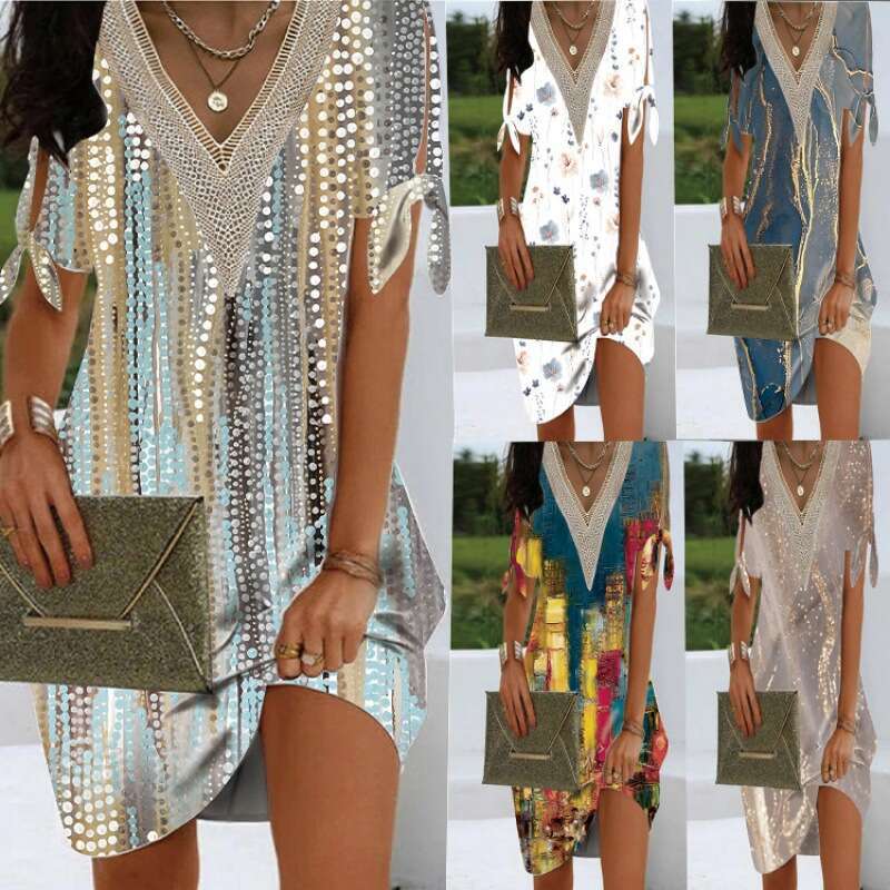 European and American women's summer style fashionable craftsmanship cuffs slit bow collar lace printed dress 2024 temperament versatile new tren