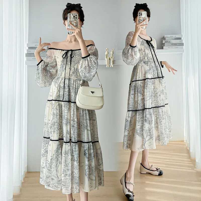 2024 Spring Autumn Materni A-line Dress Plus Size Shoulderless Pregnant Woman Chiffon Dress Vintage Printing Pregnancy DressesXJ241213
