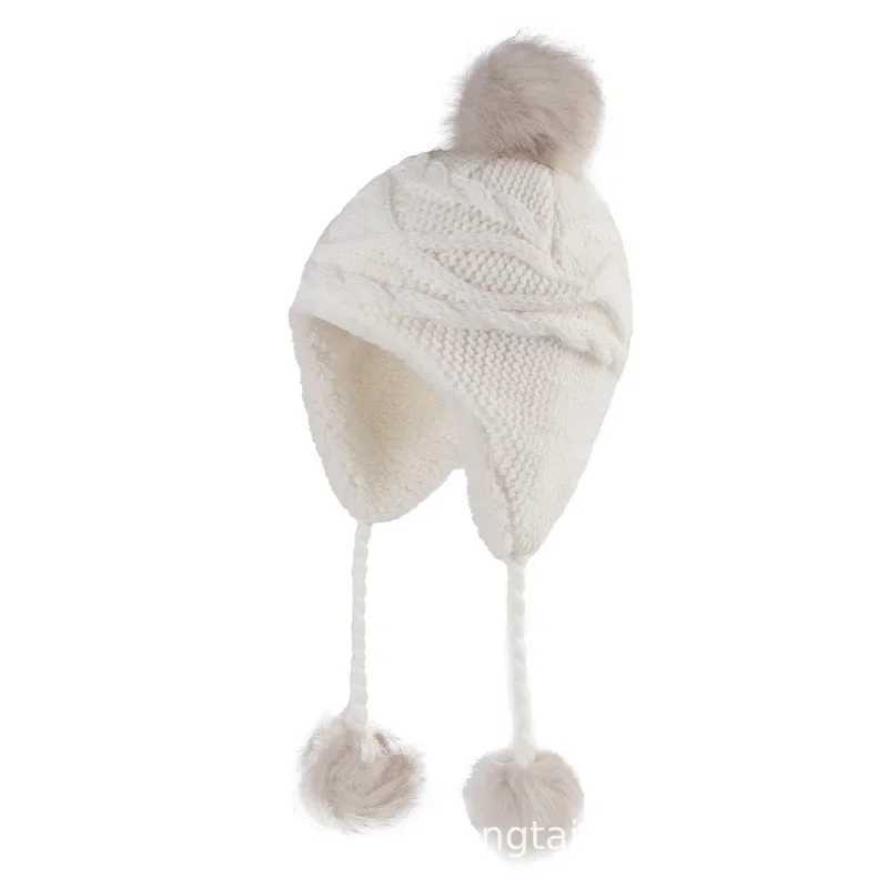 Baby girl warm hat 1-8 year old Pom hat red white pink winter knitted ear protection Beanies childrens accessories W241213