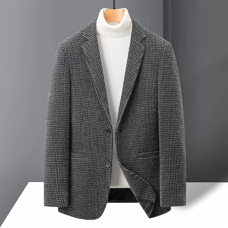 Highquality Thousandbird Check Doublesided Woolen Coat for Men Korean Casual Suit Collar Short Blazers 241211