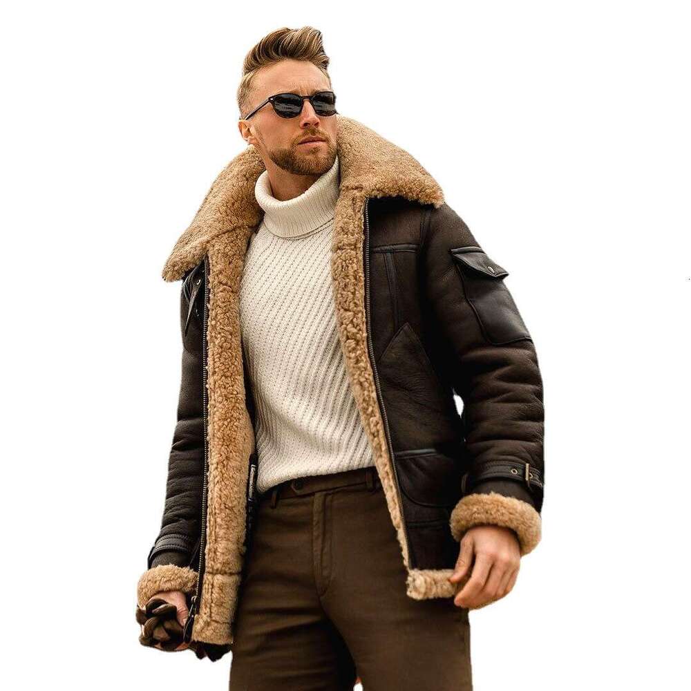 Men's Plus Size Frosted Veet Plain Edition Composite Leather Jacket, Thick Woolen Coat, Fashionable Quality, Classic