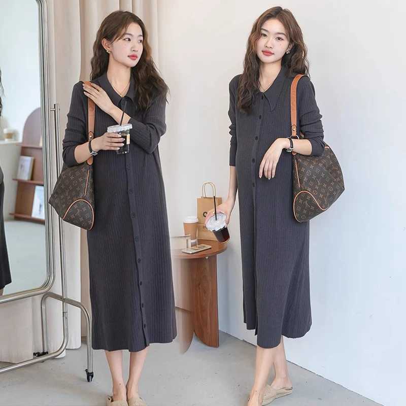 Autumn Pregnant Woman Knit Dress Long Sleeve Turn-down Collar Single-breasted Materni Straight Dress Pregnancy Pleated DressesXJ241213