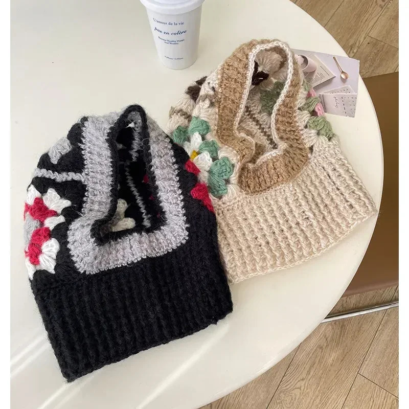 Handmade crocheted Balaclava womens hat autumn and winter wool knitted flower bean hat neck warm womens hat 241205