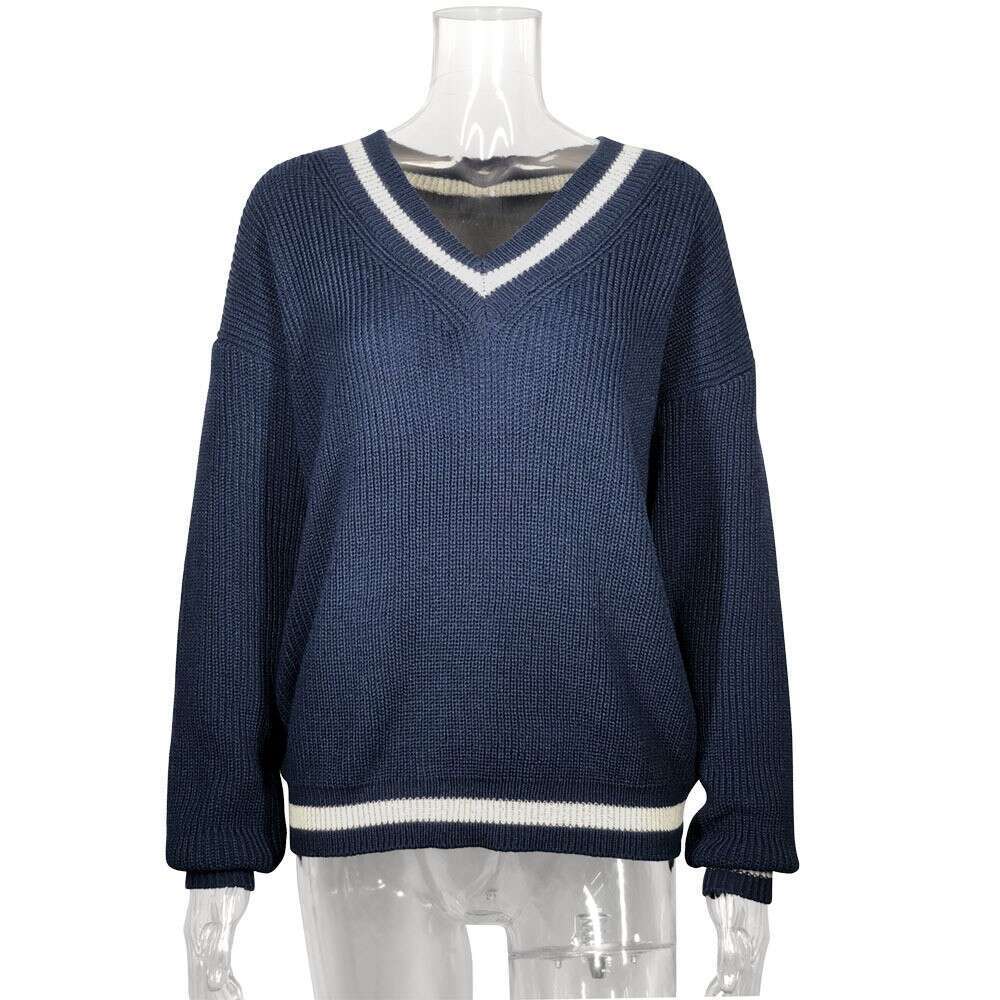 European American popular V-neck knitted in spring and autumn fashion, loose fitting sweater for women