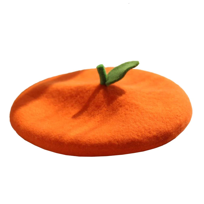 Fresh and lovely fruit girl soft painted hat wool felt orange pink gift green leaves handmade warm ladies beret 241210