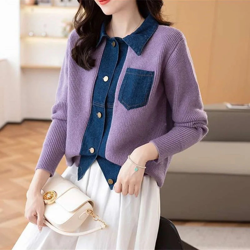 Fashion denim patchwork lapel knitted jacket for womens spring and autumn cardigan wool sweater top 2025 item 241211