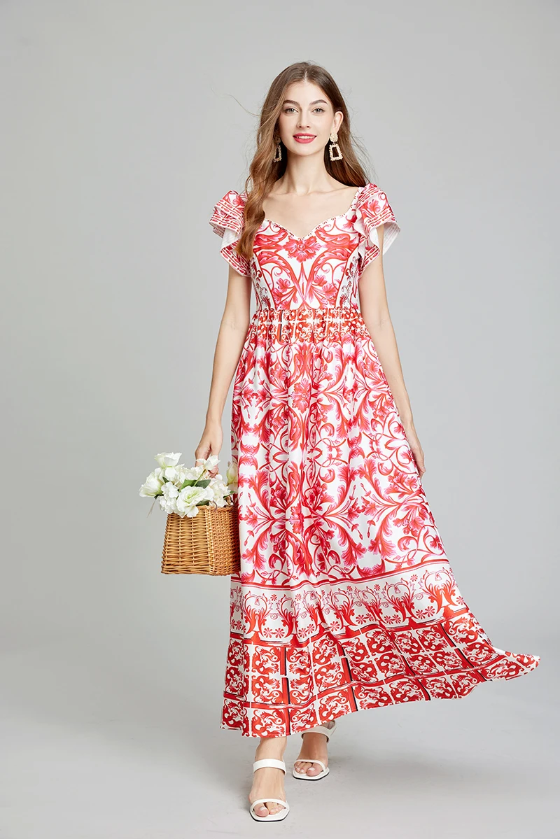 New Casual Summer Runway Summer Holiday Floral Maxi Dress Women Red White Porcelain Flare Ruffle Sleeve A Line Big Hem Long Beach Dresses 2025