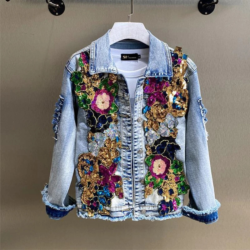 Vintage Diamond Inlaid Flower Embroidered Denim Coat Spring Sparkle Stickers Ultra Thin Jeans Jacket Cowboy Cardigan Jaqueta 241211
