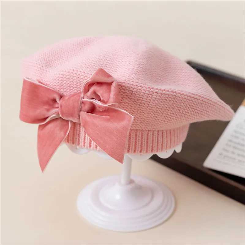 Autumn Winter Baby Girls Warm Bowknot Knitted Hats Children Beret Beanie Hat Solid Hat Soft Comfortable Kids Bonnet For 2-8Years W241213