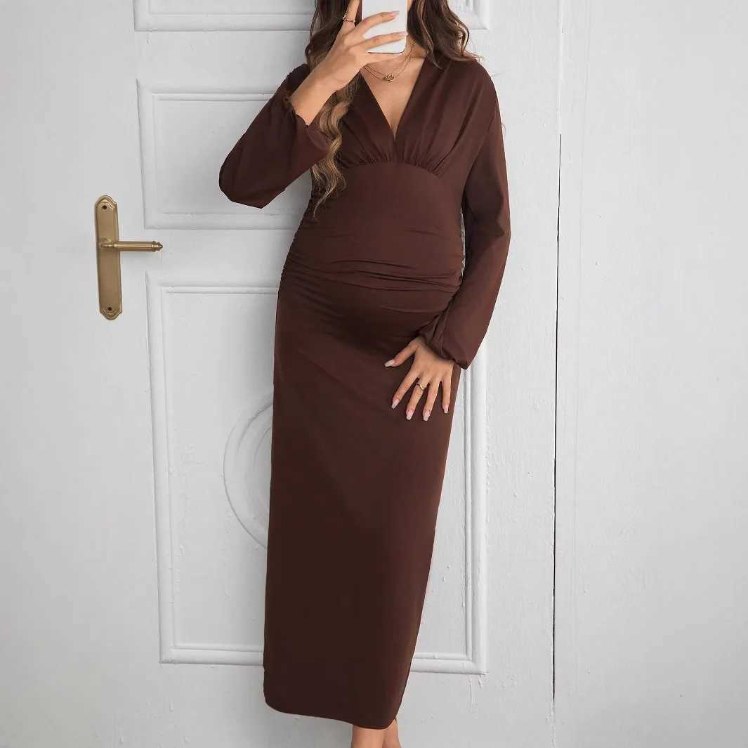 European American Pregnant Womens Long Sleeve Dress Solid Color V-neck Pleated Dress Spring Autumn Materni Youth PregnancyXJ241213