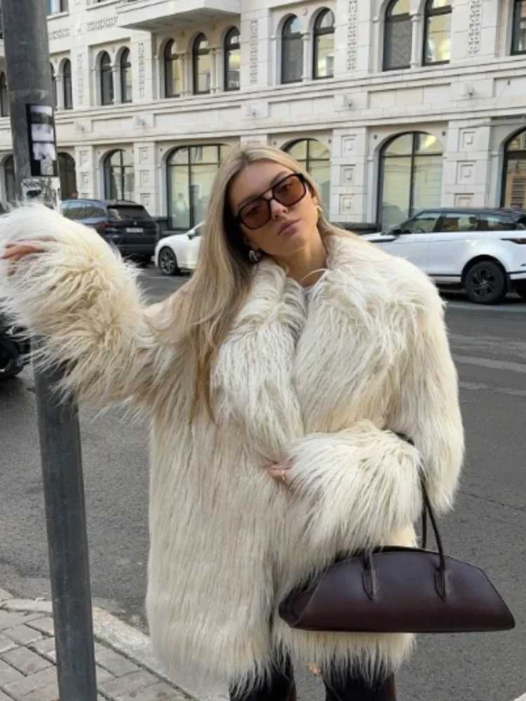 2024 Winter Warm Big Collar Fluffy Imitation Womens Fur Coat Elegant Long Sleeve Loose Solid Thick Jacket Womens New Coat X241214