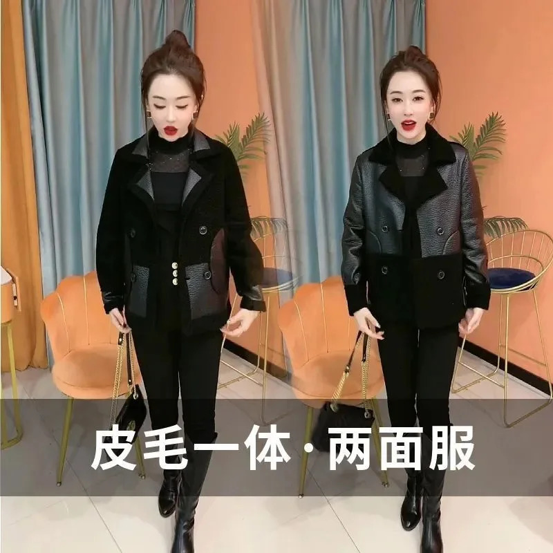 Womens fur one-piece coat winter womens integrated fur and leather jacket womens plus size 5XL bow side coat 241210