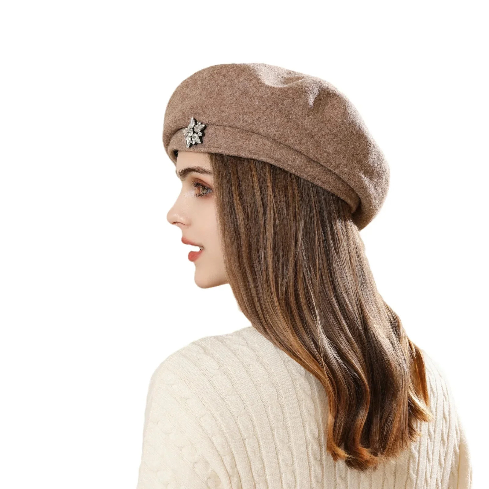 Winter Hats for Women Rhinestone Decor Wool Beret female Soft Warm Black hats Fashion Beanie for Womens 241214