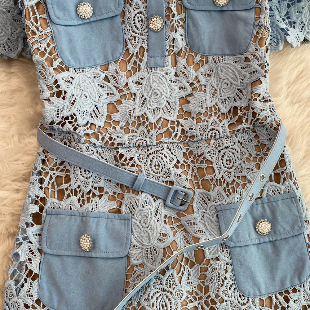 Casual Dresses Summer Quality Summer Embroidery Fishtail Short Evening Prom Dress Women Blue Beaded Button Ruffle Belt Mini Party Flower Dresses Brand
