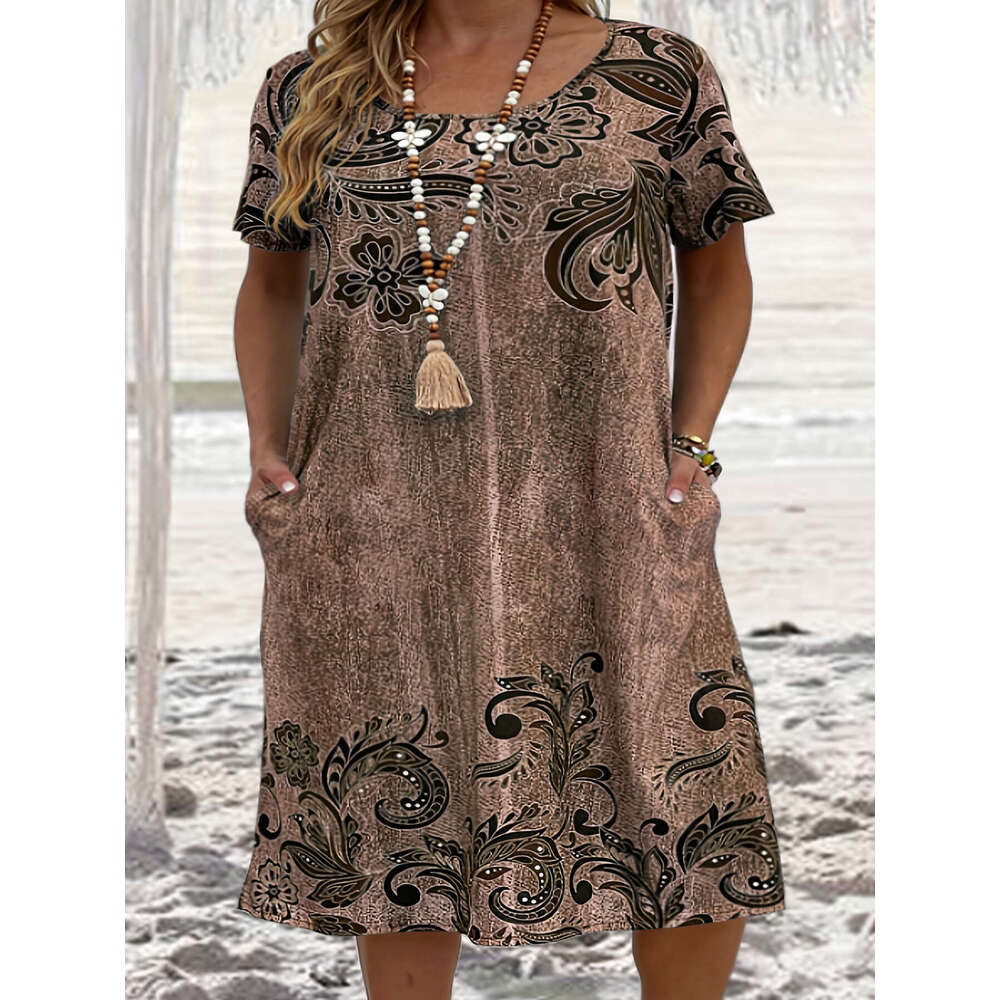 Large size women's loose 3D printed pocket dress 2024 new style chic and elegant clothing