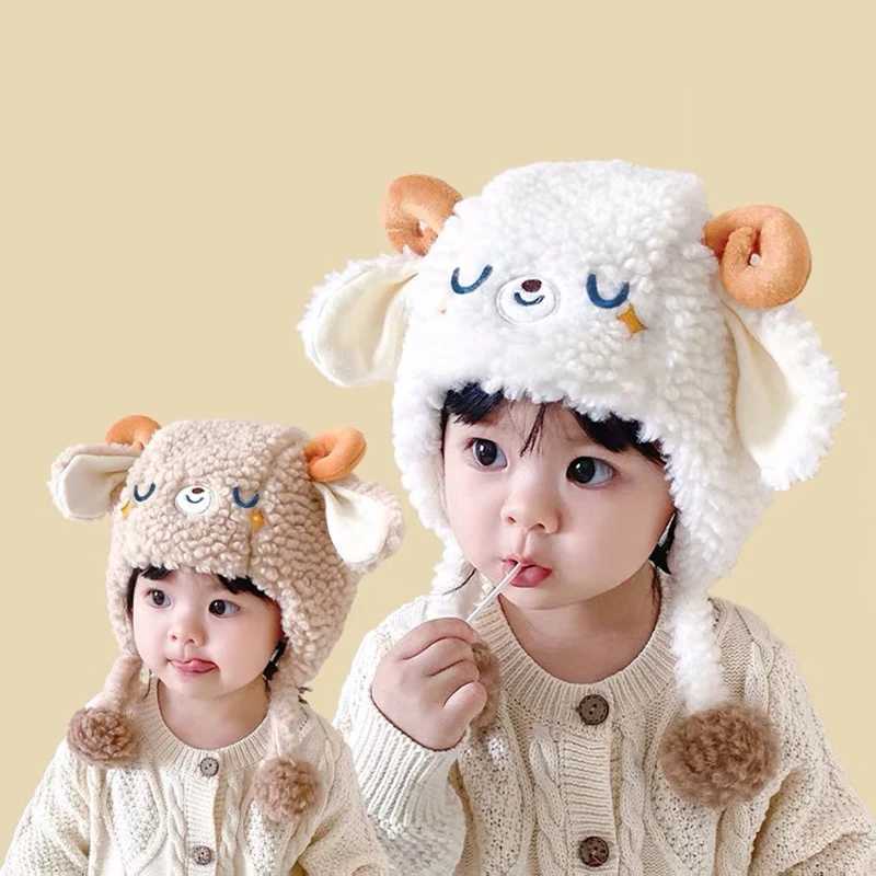 Sheep Baby Plush Hat Winter Thick Cashmere Bean Hat Baby Boys and Girls Cute Warm Children Ear Protection Hat W241213