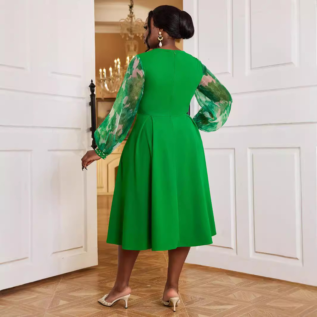 Bestselling Designer Lantern Long Sleeved Elegant Dress Party Nail Bead High Waist Plus Size Dress Dress