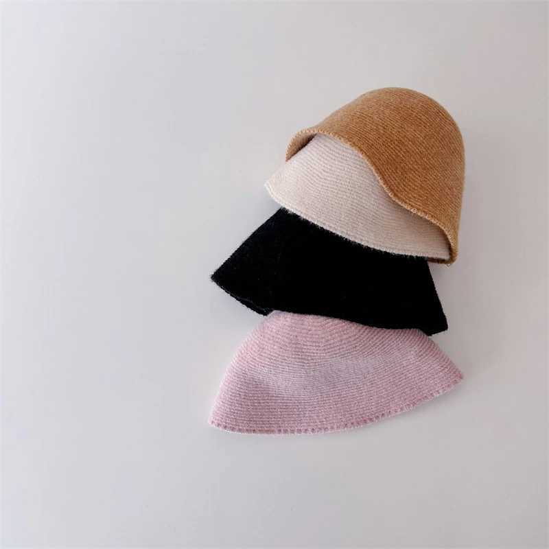 Solid color Japanese baby bucket hat childrens autumn and winter outdoor soft and warm potted hat sweet girls casual Panama fisherman hat W241213