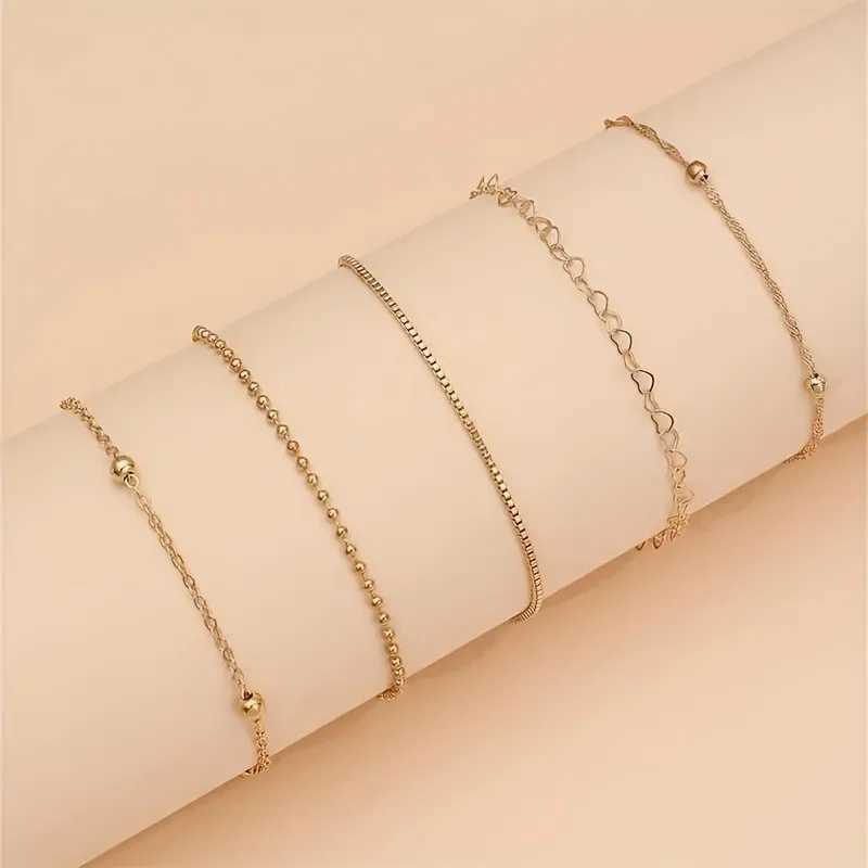 5 Pcs Set Of Tiny Golden Chain Design Bracelet Zinc Alloy Jewelry Elegant Leisure Style For Women Daily Stackable Hand ChainXJ241214