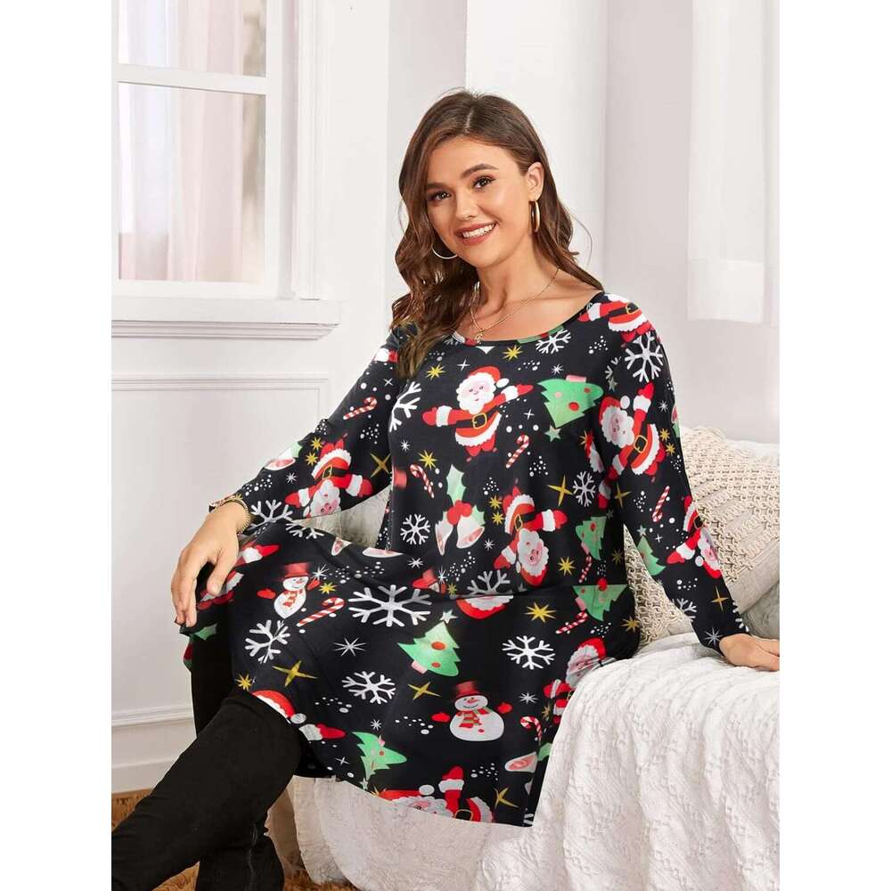 European American fashion Christmas print mid sleeve plus size women's 2024 new style chic and elegant clothing