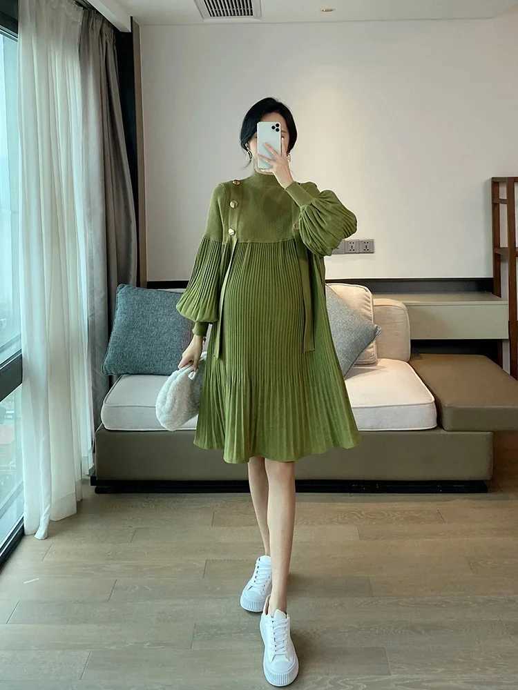 Pregnant Woman Spring Clothes Long Sleeve O-neck Knitting Patchwork Chiffon Pleated Dress Loose Pregnancy Dresses Black GreenXJ241213