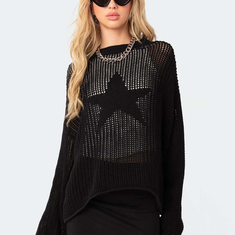 European and American new fashionable women's sexy hollow knitted cover design sense niche loose pullover sweater for women