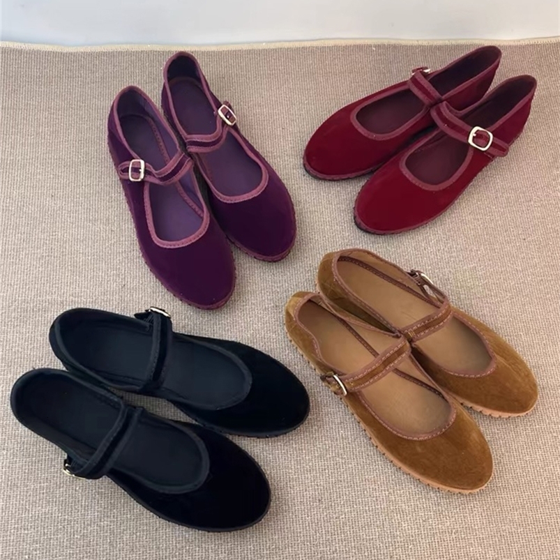 Velvet Mary Jane Womens Shoes Hand sewn Casual Street Ballet Apartment Pump Womens Solid Color Red Cloth Shoes 241213ww
