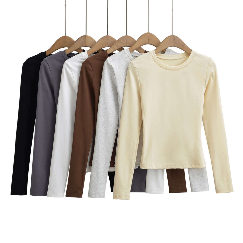 European American Kardashian's round neck elastic slim fit long sleeved T-shirt for women in autumn and winter, basic tight fitting base shirt, 2