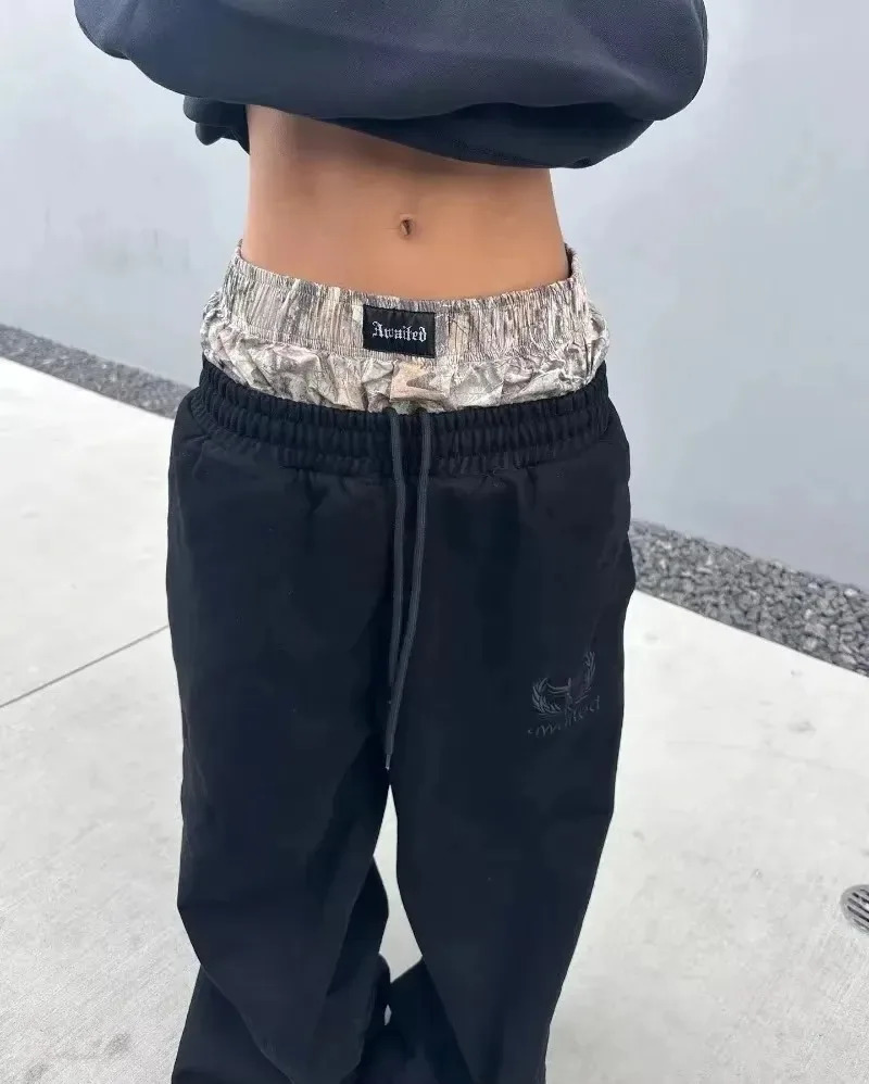 Y2K pants vintage camouflage double Embroidered waist Sweatpants Harajuku gothic Hip Hop Streetwear High waisted Wide Leg Pants 241214