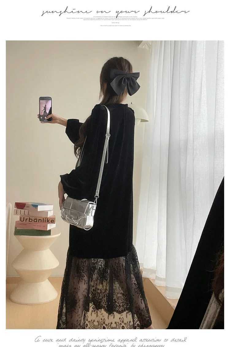 2025 Korean Sle Materni Par Dress Plus Size Long Sleeve O-neck Lace Patchwork Velour Dress Pregnant Woman Fishtail DressesXJ241213