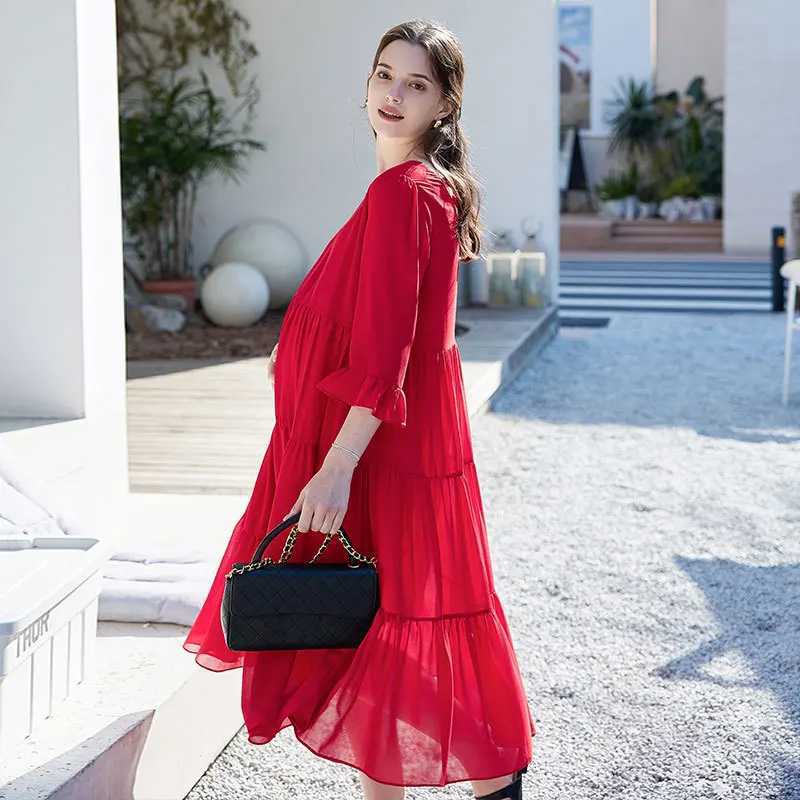 2024 New Women Solid Summer Materni Dresses Casual Half Sleeve Ruffle Bowknot Pregnant Clothes Backless Polyester Adult DressXJ241213