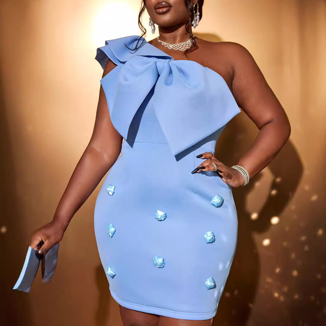 Basic Dress Designer French High-quality Blue Bow Party Birthday New Style Temperament Plus Size Dress xxxxl