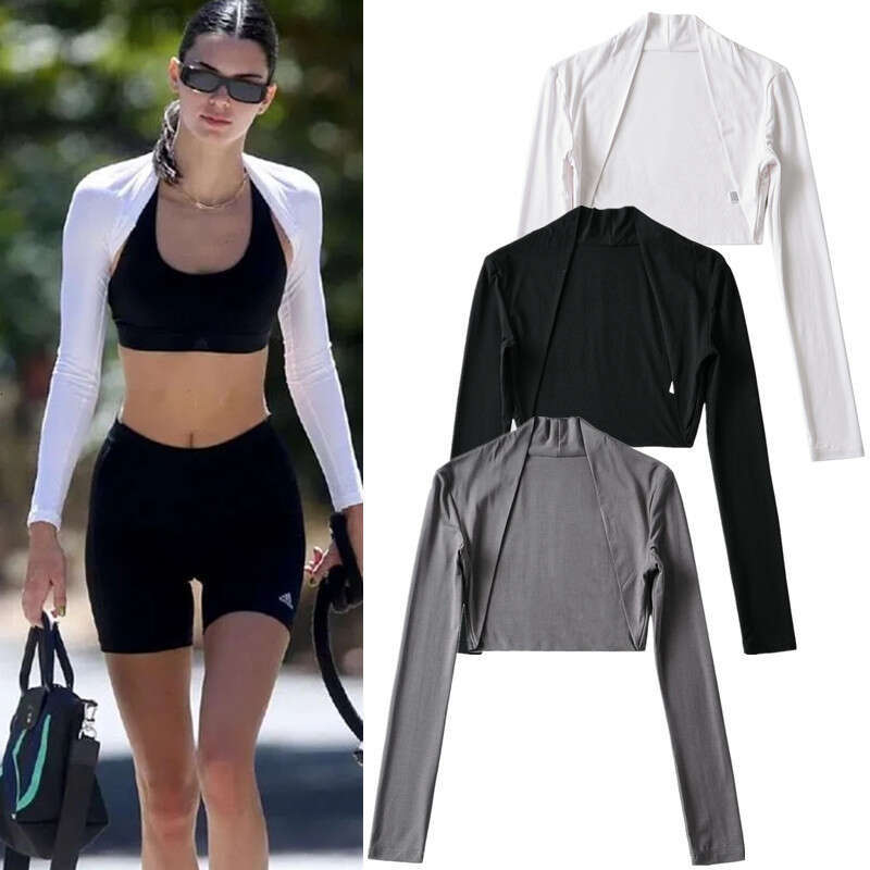 European and American INS Kendou Street Auction Outer Sunscreen Long Sleeve Shawl Women's Spring Solid Color Ultra Short T-shirt Open Top Trendy 