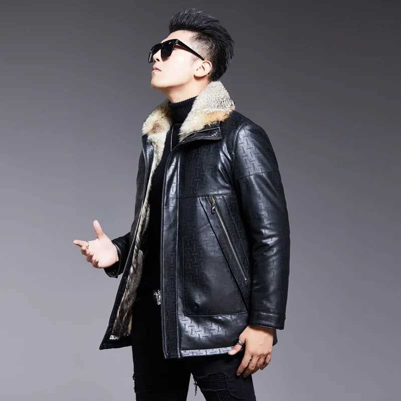 Tcyeek winter wolf fur lined coat mens sheepskin leather jacket mens clothing warm natural fox fur collar coat luxury W241213