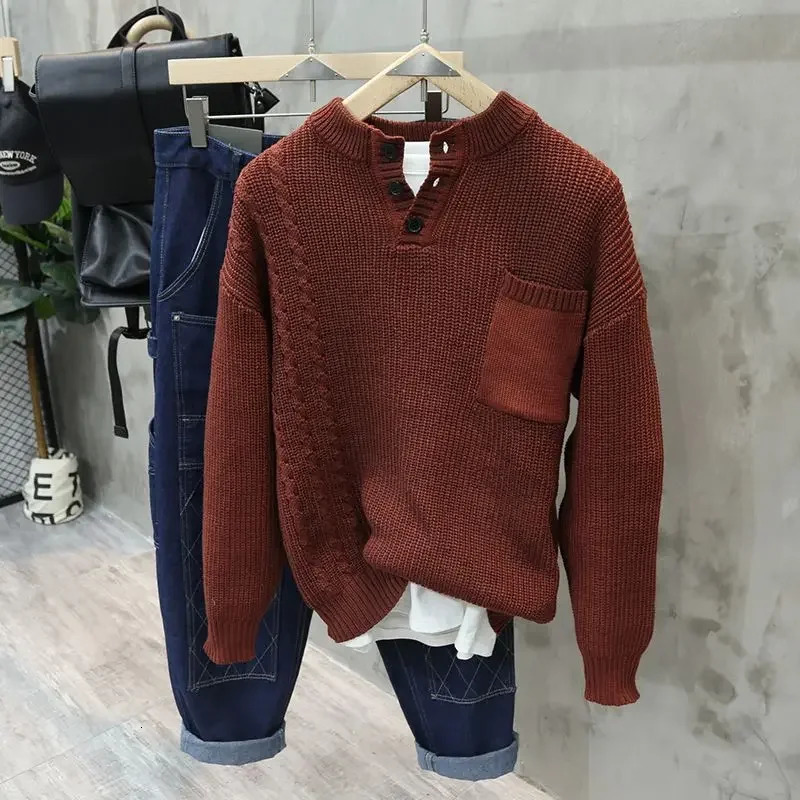 American Retro Henley Collar Pullover Sweater Korean Elegant Mens Trendy Oversized Pocket Versatile Casual Aesthetic 241213