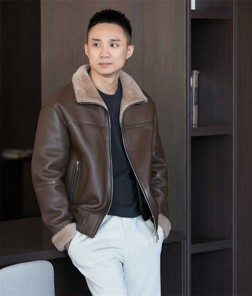 2024 LUHAYESA Merino Sheepskin Shearling Coats Black Brown Men Daily Casual Thicken Warm Natural Fur Clothes W241213