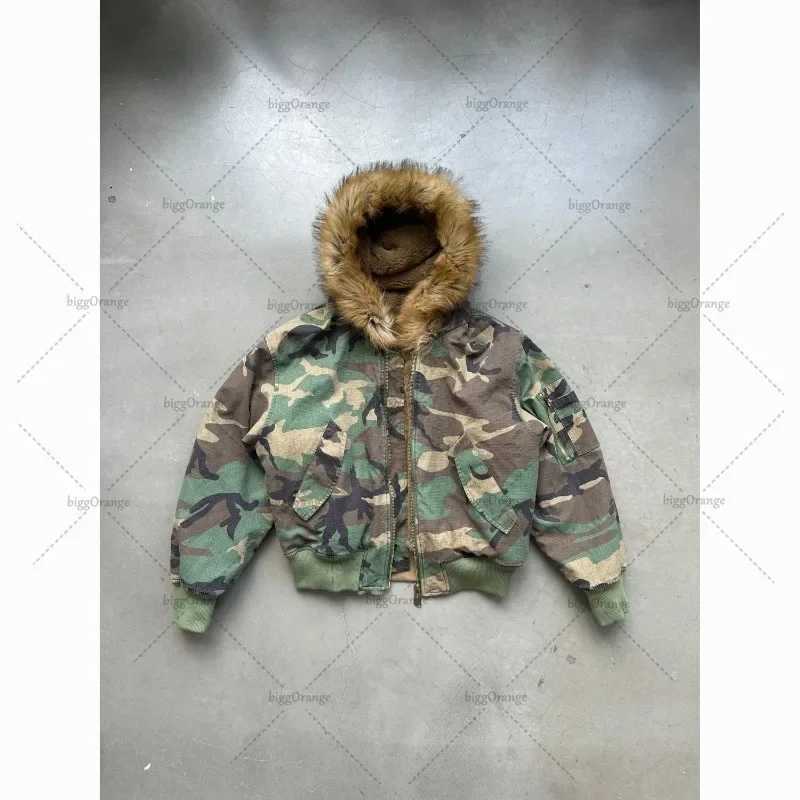 Retro Harajuku Y2K Streetwear Jacket Gothic Punk Personality Fur Collar Camouflage Zipper Hoodie Men Casual Oversized Sweatshirt W241213