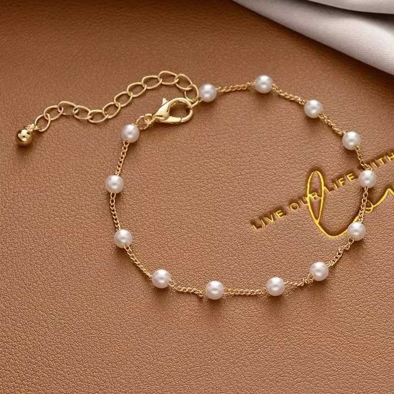 Simple Elegant Imitation Pearl Bracelets Gold Color Beads Chain for Womens Goth Chain Bracelet Bangles Trend Jewelry GiftXJ241214
