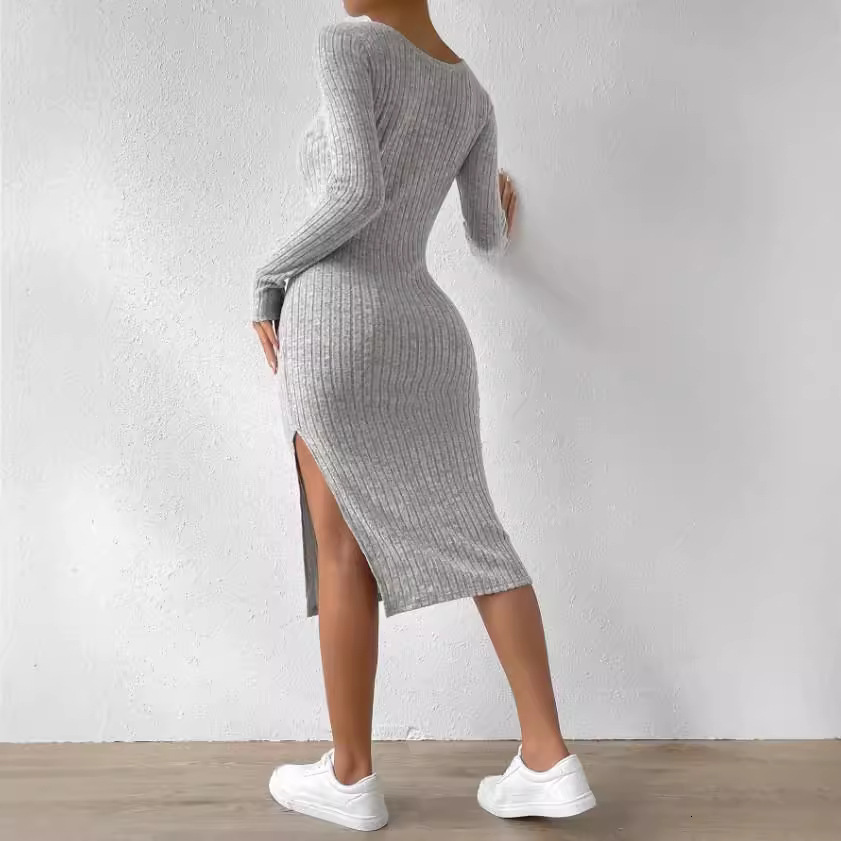 New Designer Square Collar Long Sleeved Hem Slit Jacquard Women's Fleece Dress