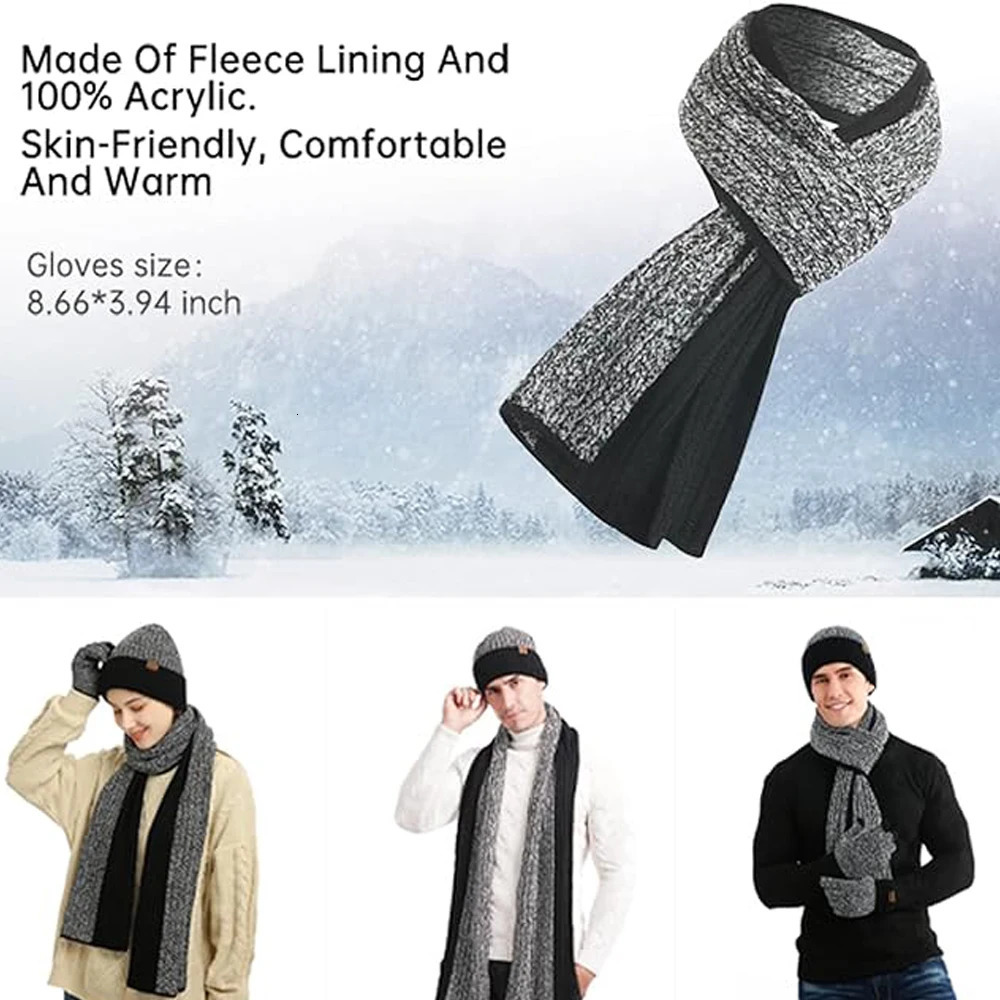 Warm Knitted Mens Scaves and Beanie Hat Gloves Set with Touchscreen Gloves Winter Thick Fleece Lined Neck Gaiter Cap Gloves 241213