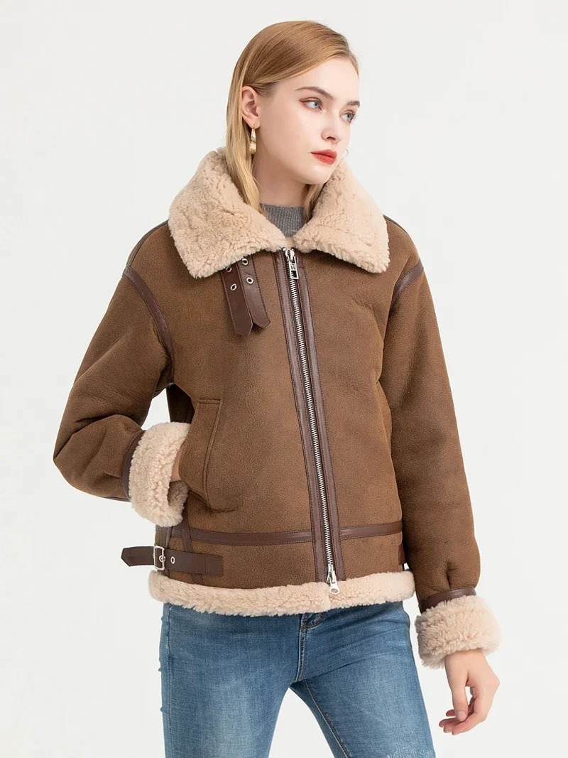Fashionable womens multi-color fur one-piece jacket flying jacket sheepskin motorcycle leather jacket 241210
