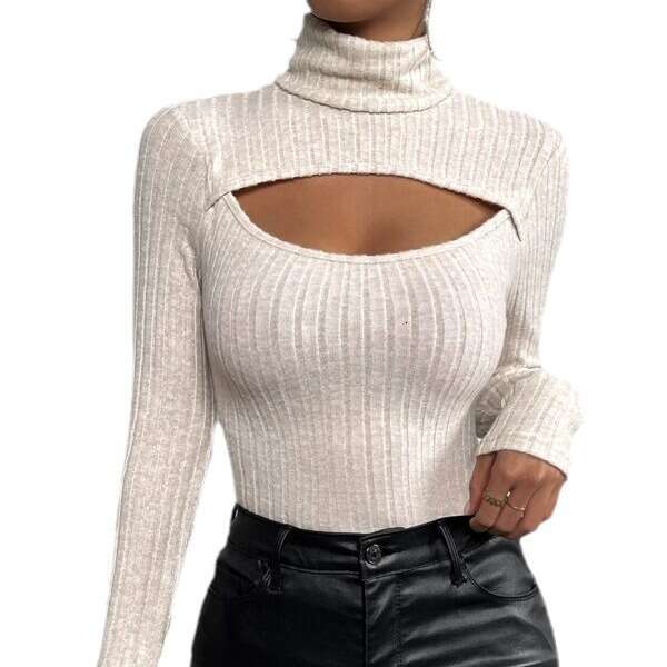 2023 Autumn Style Front Chest Hollow High Neck Pit Strip Scratch Hair Base Long Sleeve T-shirt