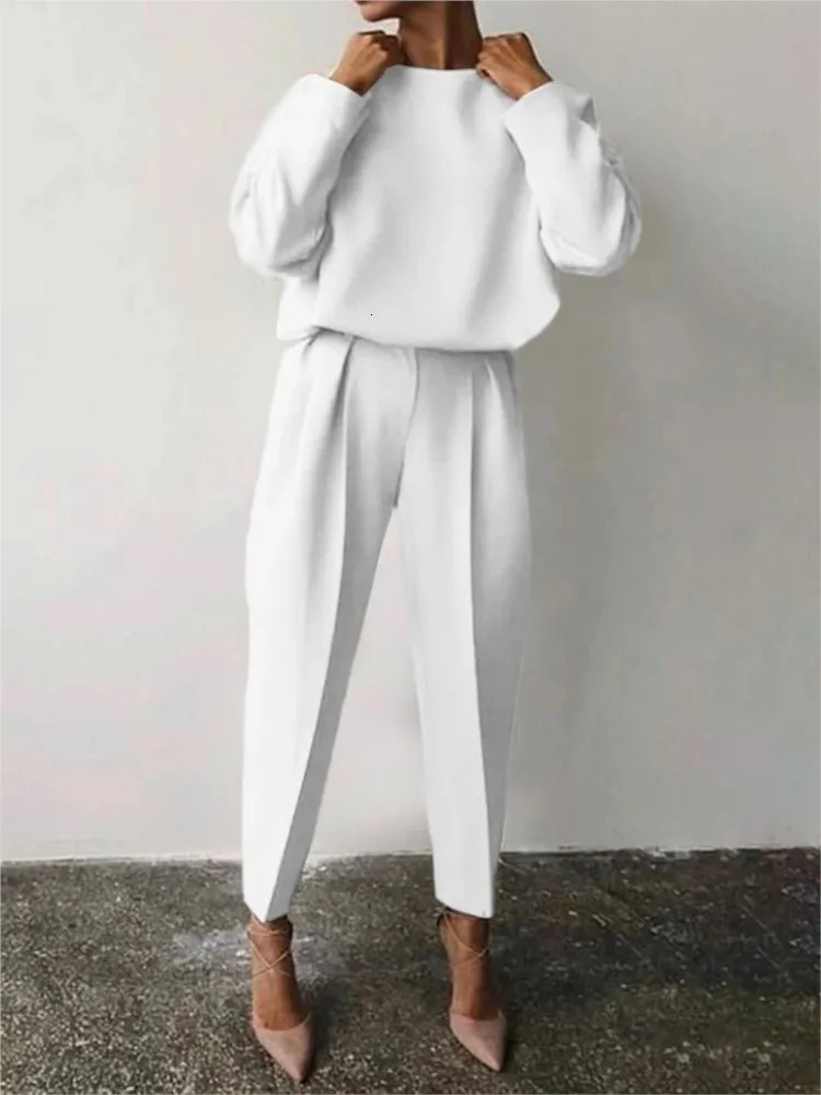 Solid Longsleeve Casual Twopiece Set For Women Loose O Neck Black Pants Suit Female Elegant Office Sets Autumn 241203