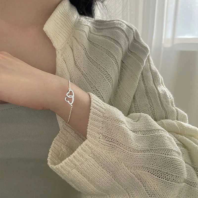 Simple Double Heart Pendant Bracelets For Women Couple Stainl Steel Sliver Chain Wedding Party Jewelry Valentines Day GiftXJ250109