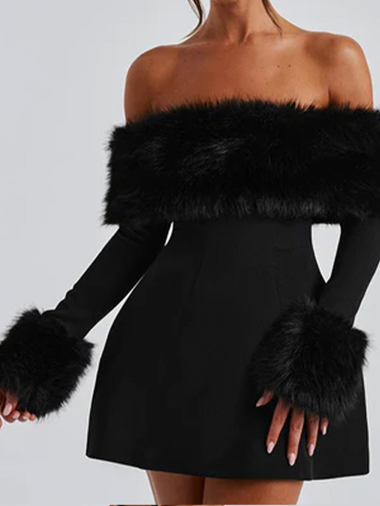 Elegant Fluffy Fur Slash Collar High Waist Mini Dress Fashion Chic Long Sleeve Slim Dresses Ladies Evening Party Club Short Gown