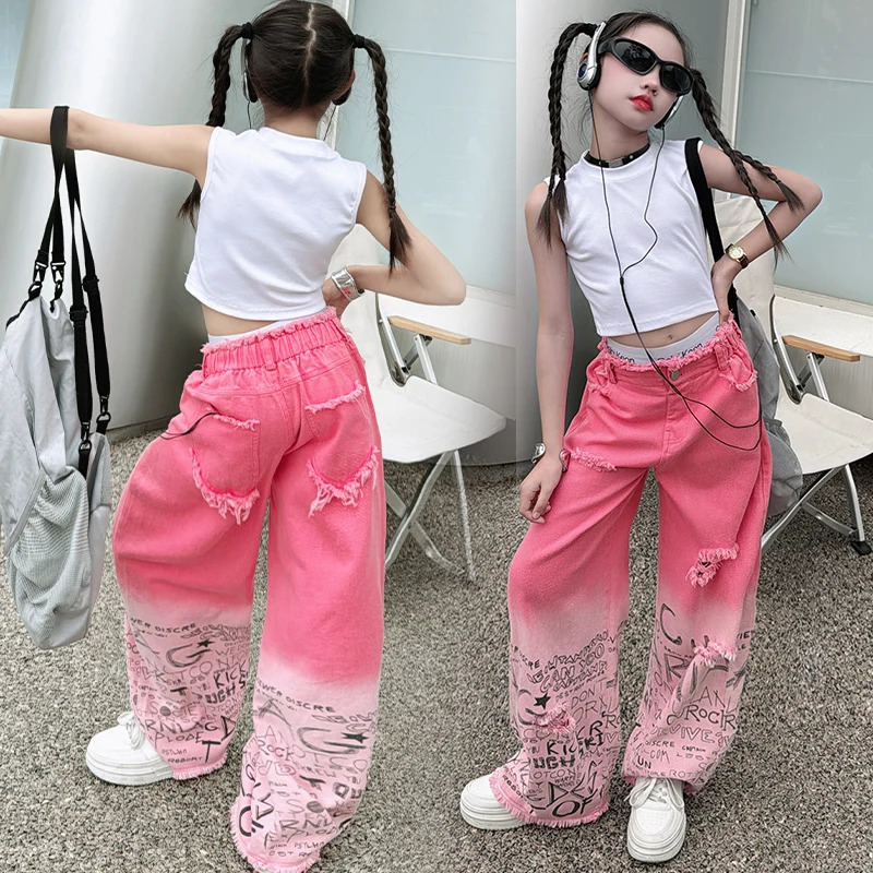 junior girls pink gradient color hole wide leg jeans cotton teenager kids Mop pants pant children trousers adolecentes 4 12 14 241213