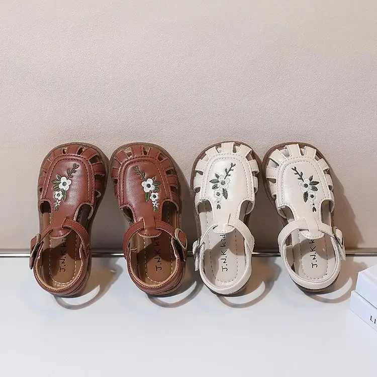 Sandals Traditional Chinese Embroidery Kids Shoes for Girl Sandals Summe Retro Princess Shoes Roman Style Girls Leather Shoes Kid F05173 H241213
